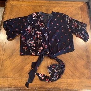 Black and Floral Blouse with Bow